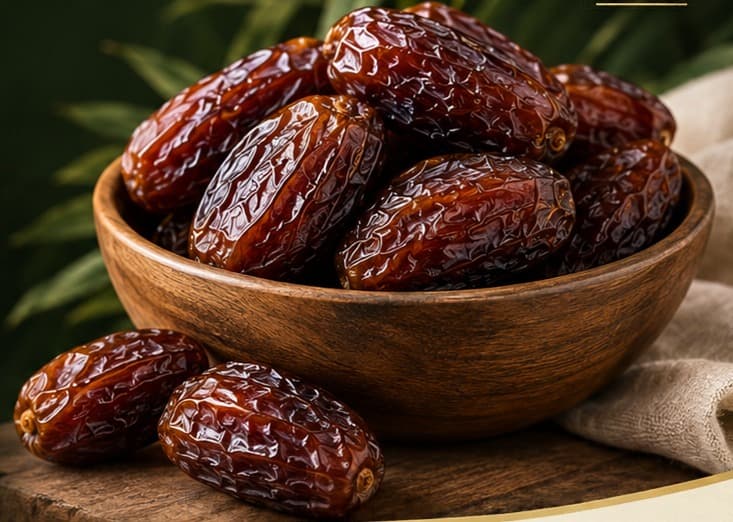 Rich brown dates presented in a wooden bowl